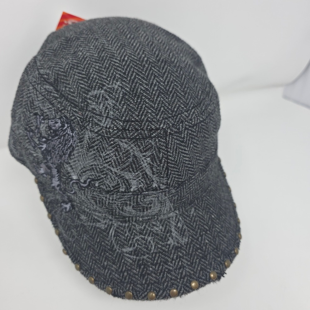 HYP Cadet Cap 59cm Lion Embroidered Studded Herringbone Military Hat Black NEW